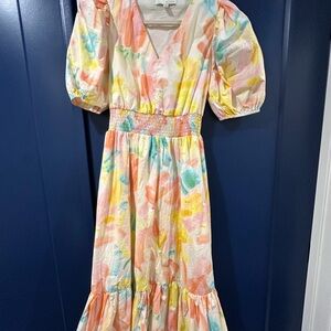 Colorful Midi Dress with Puff Sleeves